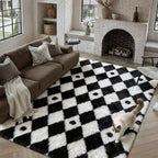PureCozy Checkered Rug 9x12 Fluffy Shag Living Room Black and White Area Rug - Image 3