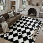 PureCozy Checkered Rug 8x10 Fluffy Shag Living Room Black and White Area Rug - Image 3