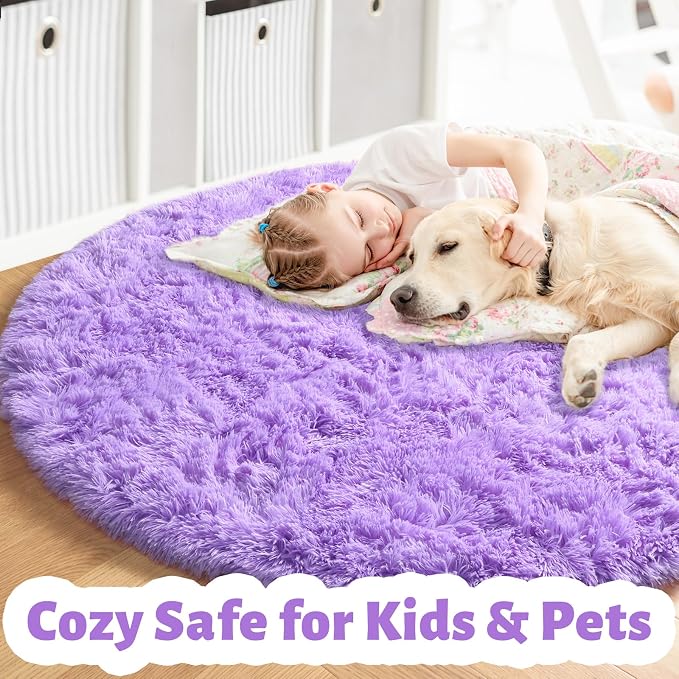 Amdrebio Purple Round Rugs 4Ft for Girls Bedroom Decor Aesthetic, Fluffy Fuzzy - Image 2