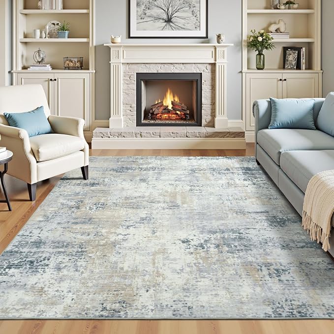 Area Rug 6x9 Washable Rugs for Living Room Blue Beige, Modern Abstract Non-Slip by Carpelux