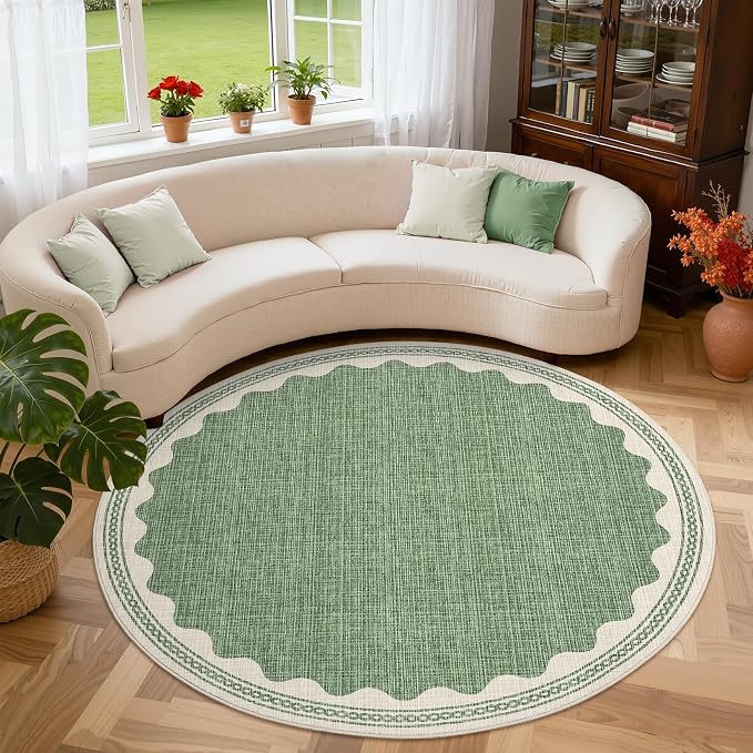 GarveeHome Scalloped Sage Green 5ft Round Rug Washable Non-Slip Soft Ultra-Thin by GarveeHome