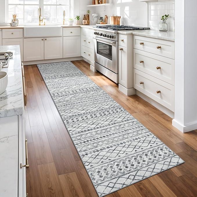 KUTA Moroccan Washable Runner Rug, 2x10 Non-Slip Vintage Grey Boho Hallway - Image 2