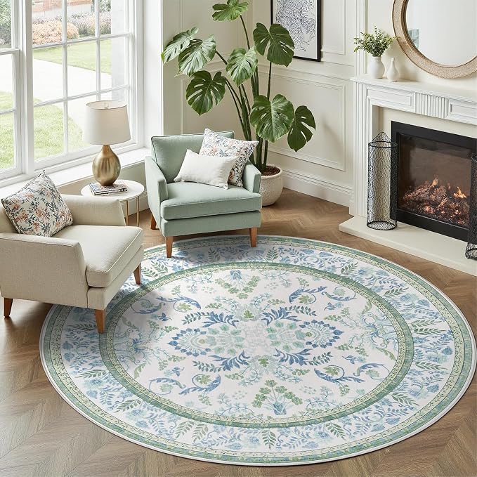 DCX Area Rug 5x5 Botanical Floral Washable Rugs in Green and Blue Soft Non Slip - Image 2