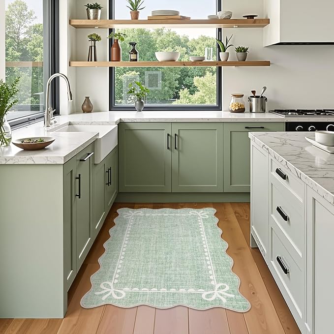 GarveeHome Scalloped Bow Rug for Kitchen Floor, Sage Green Rug for Dorm - Image 3