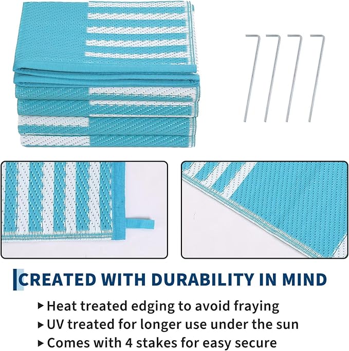 Garvee Waterproof Outdoor Rug 9x12, Checkered Foldable Plastic Straw Patio - Image 4
