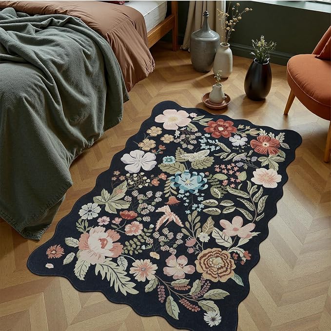 DCX Black Floral Rug 3x5, Washable Black Rug by DCXWashableRug