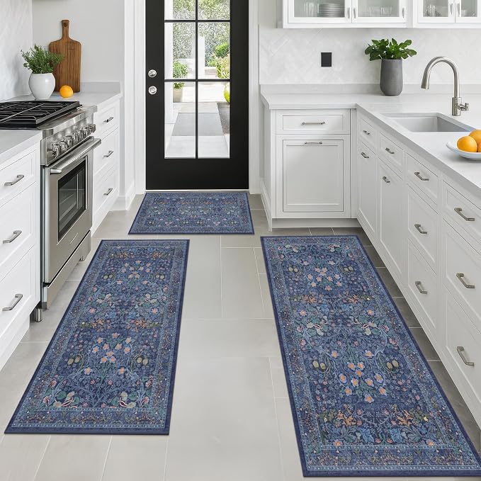 JTJ Dark Blue Kitchen Rugs Set of 3, Non Slip Washable Runner Mats, Vintage - Image 5