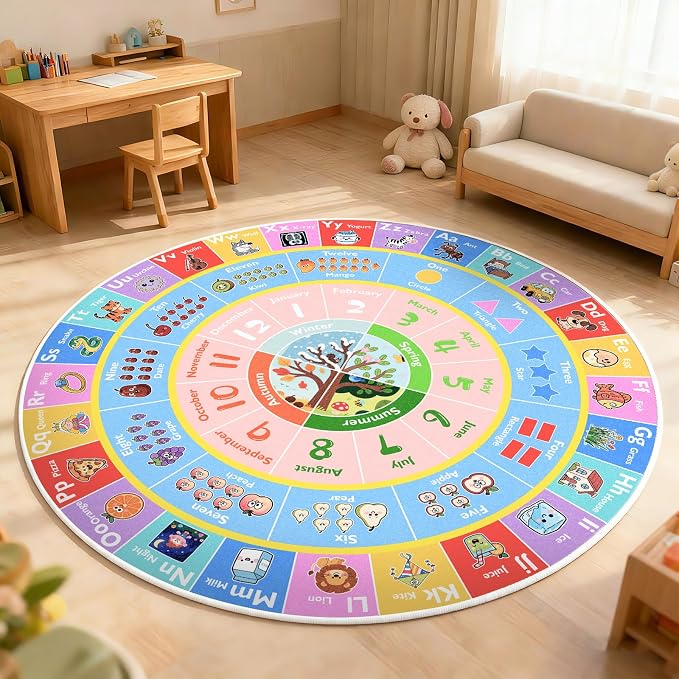 ABC Kids Rug for Playroom, 4ft Round Alphabet Small Classroom Rug, Non-Slip - Image 9