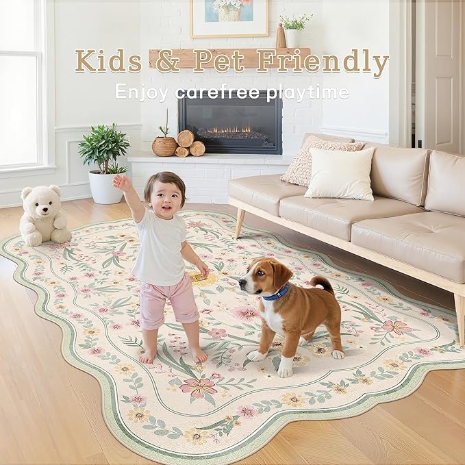 Scalloped Rug 7x9, Sage Green Floral Washable Non Slip Area Rug - Image 3