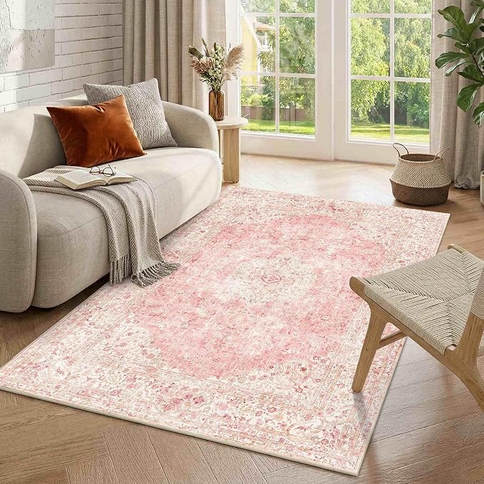 Latte&Fog Vintage Pink Area Rugs 4x6, Washable Cute Small Rugs by LatteFog