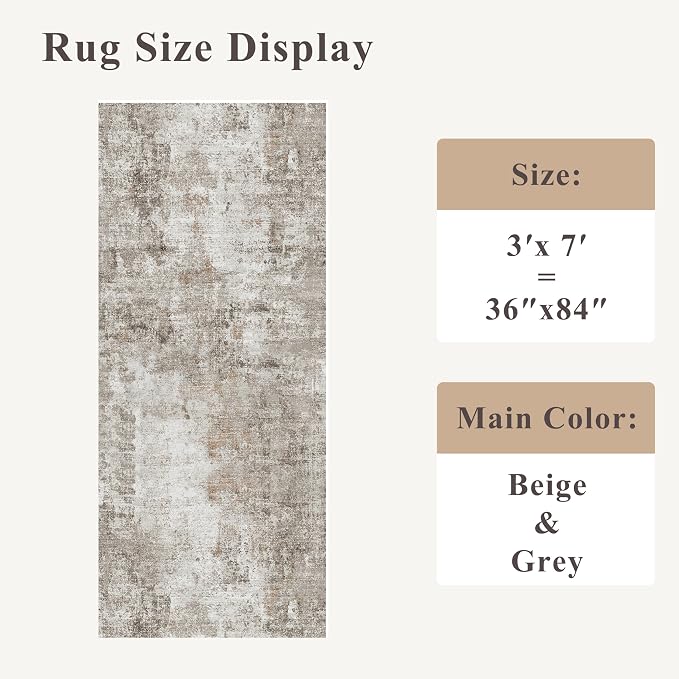 3x7 Washable Non-Slip Kitchen Runner Rug – Modern Abstract Neutral Beige & Gray - Image 2