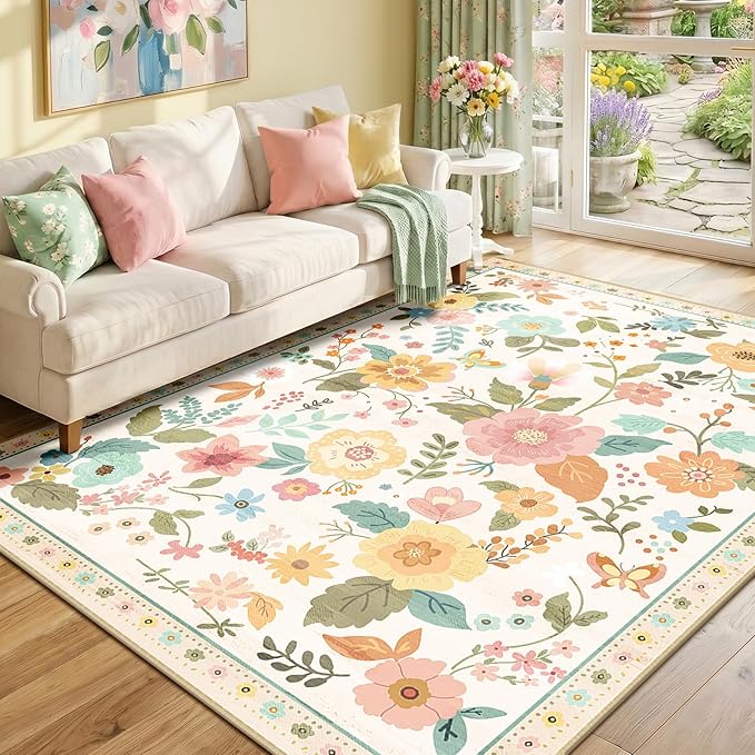 RELEANY Floral 6x9 Area Rugs Washable Print Boho Cute Carpet Non Slip Flower by RELEANY