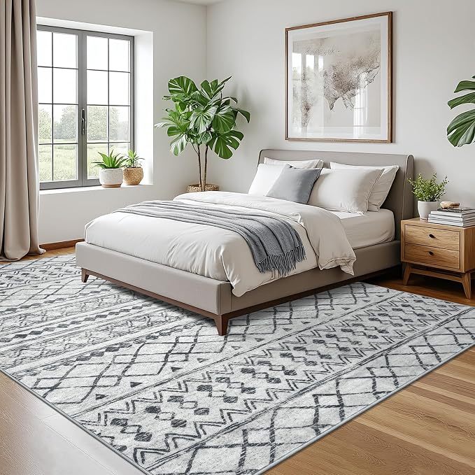 KUTA Washable Rugs 9x12 Grey, Moroccan Boho Large Area Rug Non-Slip, Ultra Soft - Image 2