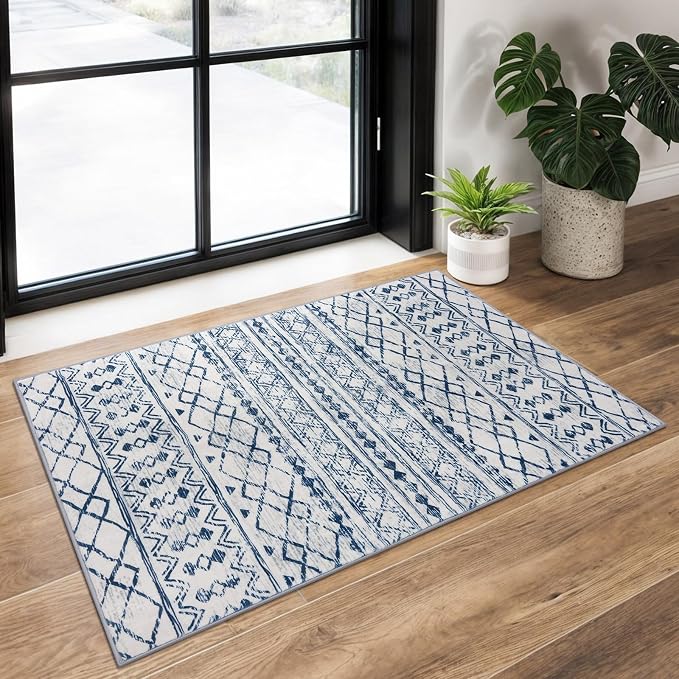 KUTA Moroccan Area Rugs, 2x3 Blue White Entryway Rug Non-Slip Washable Small by KUTA