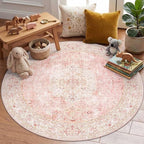Latte&Fog Vintage 4ft Pink Round Area Rug, Floral Cute Low Pile Non Slip Indoor by LatteFog