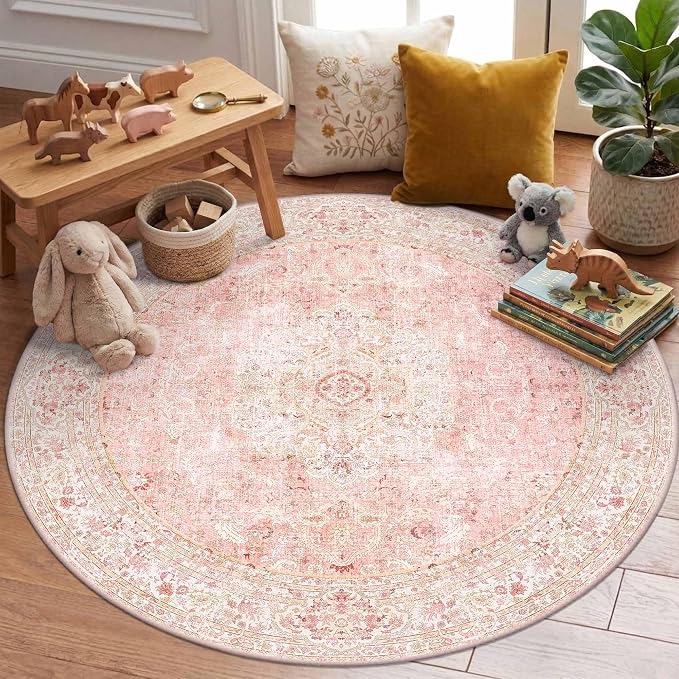 Latte&Fog Vintage 4ft Pink Round Area Rug, Floral Cute Low Pile Non Slip Indoor by LatteFog