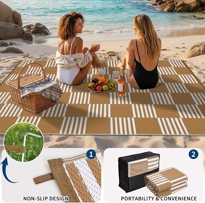 Garvee Waterproof Outdoor Rug 6x9, Checkered Foldable Plastic Straw Patio - Image 5