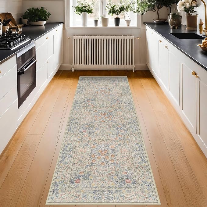 Hazo Haus Non Slip Beige Blue Hallway Runner Rug - Image 3