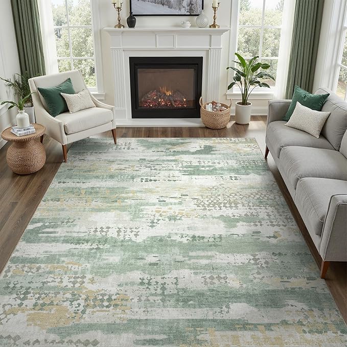 DCX Abstract Area Rug 4x6, Washable Sage Green Modern Rug by DCXWashableRug