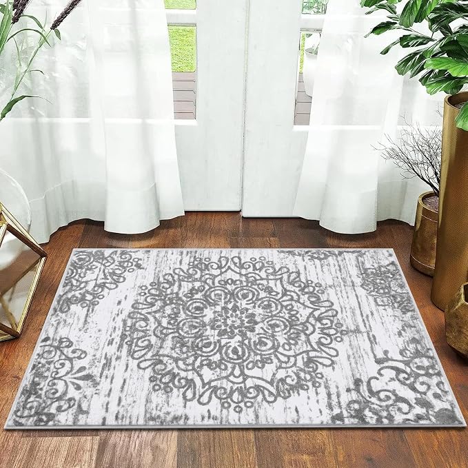 HEBE Indoor Door Mat 2'x3', Washable Distressed Boho Small Area Rug, Non Slip - Image 7