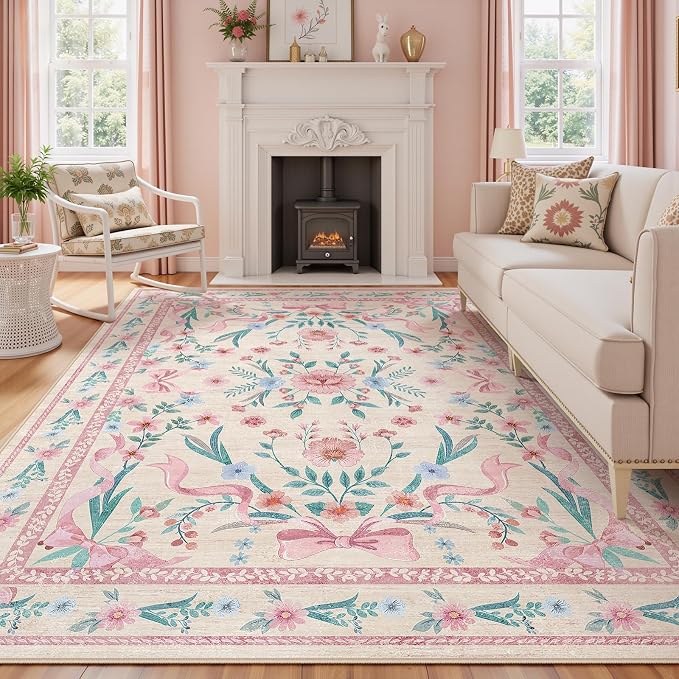 Coquette Pink Bow Rug 5x7, Washable Floral Area Rug by KiginaraArt