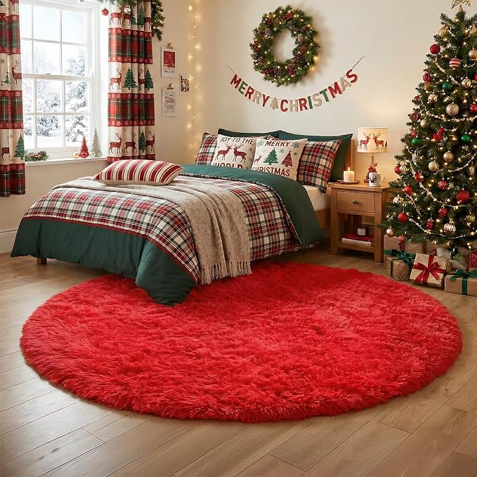 Red Round Rug 4Ft for Bedroom, Fluffy Shag Circle Area Rugs for Kids Room Decor - Image 9