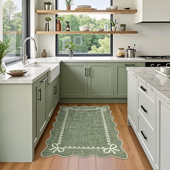 GarveeHome Scalloped Bow Rug for Kitchen Floor, Solid Green Rug for Dorm - Image 3