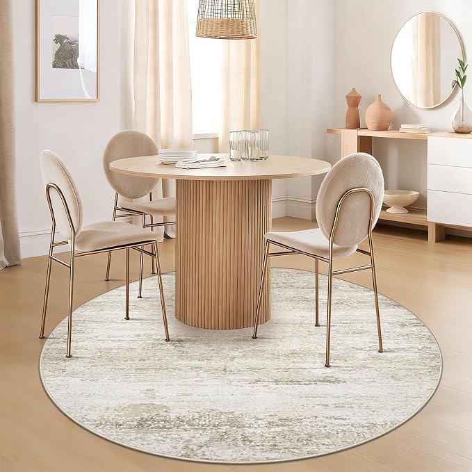 Washable Round Rug 4ft for Bedroom: Circle Neutral Soft Rug Abstract Non Slip - Image 4