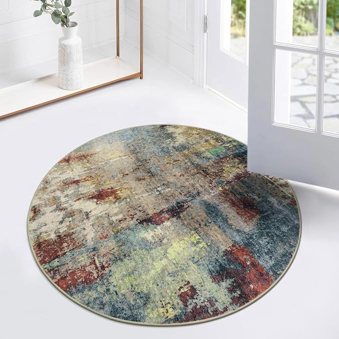 Lahome Modern Abstract Round Rug - 3Ft Small Red Washable Kitchen Round Area - Image 6