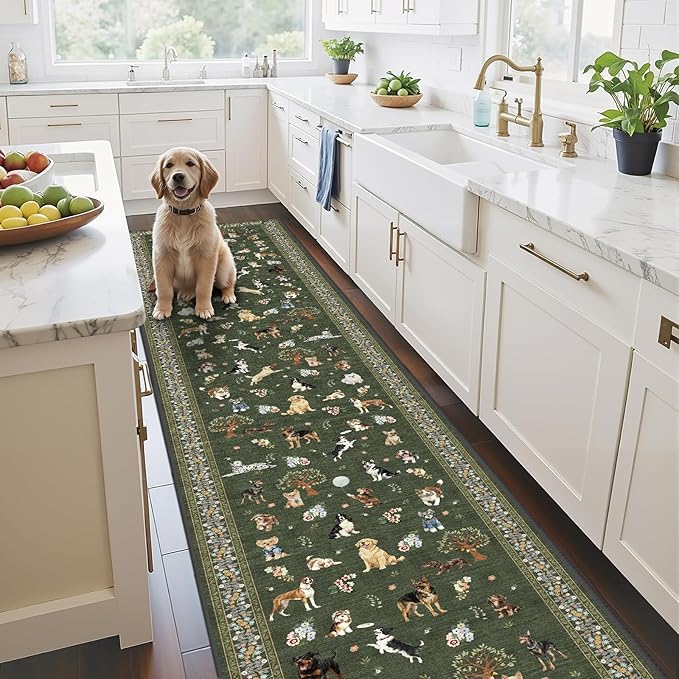 Dog Hallway Runner Dark Green Carpet Non-Slip, 2x10 Washable Rug Ultra-Thin Soft by WelcometoBabovid