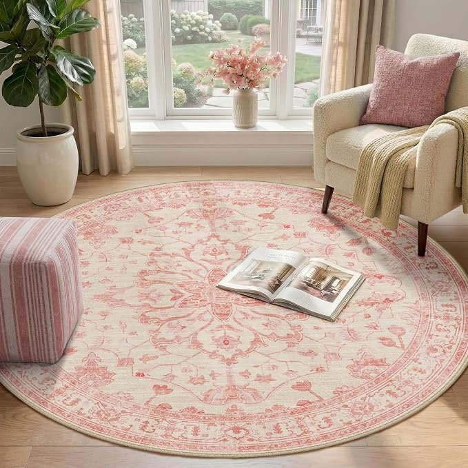 RELEANY Area Rugs Round 4ft Washable Non-Slip, Floral Vintage Distress - Image 2