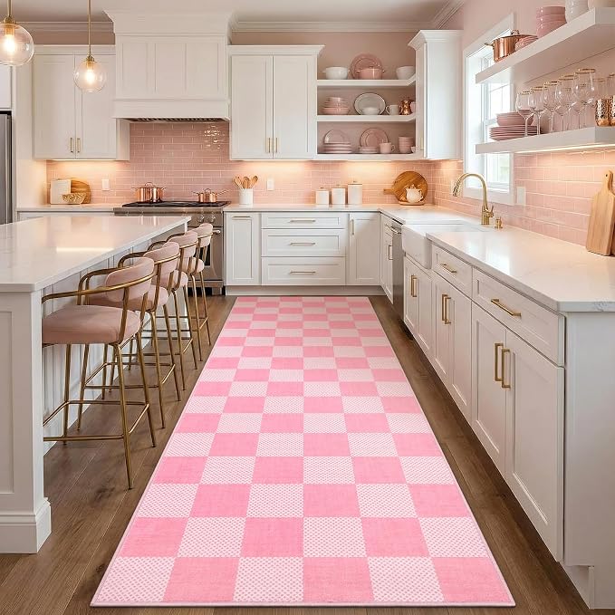 GarveeHome Checkered Blush Pink and White 2x6 Washable Kitchen Runner Rug by GarveeHome
