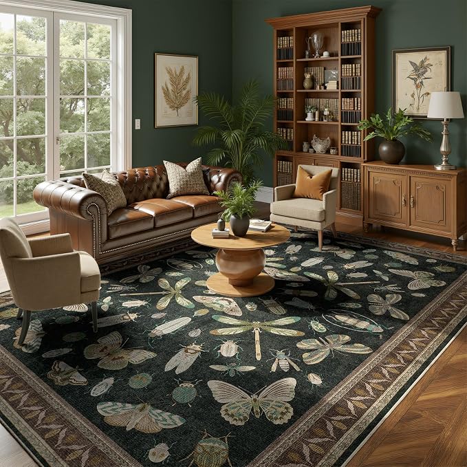 DCX Black 5x7 Washable Bug Rug, Botanical Insect Rug - Image 5