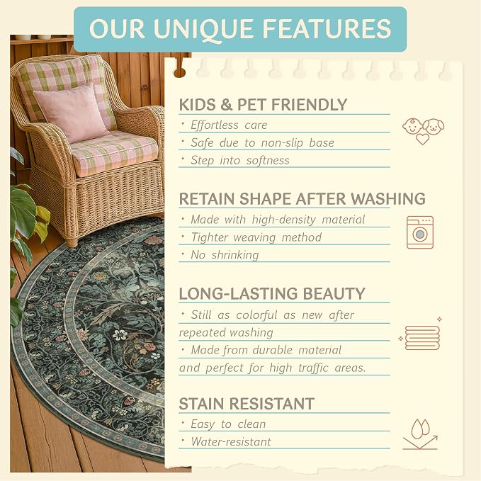 8ft Round Rug for Living Room, Dark Green Vintage Botanical Floral Large Circle - Image 7