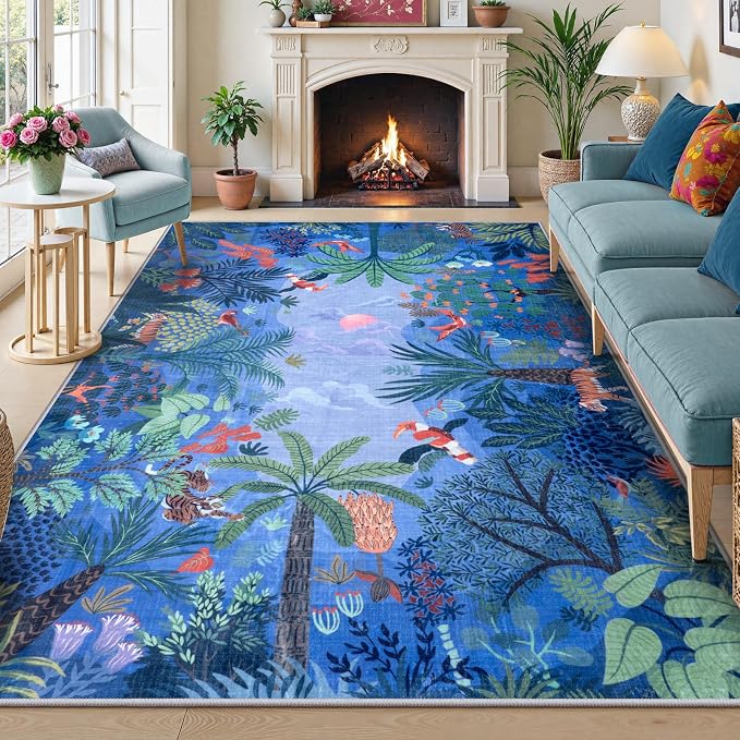 LIVEBOX Washable Jungle Animal Print Rugs 9x12 Blue Rugs by LIVEBOX
