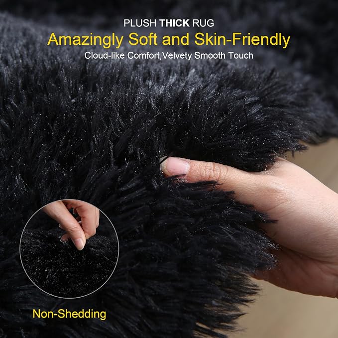 KICHOWUA Thick Area Rug Black Fluffy Shag 3x5 - Image 3