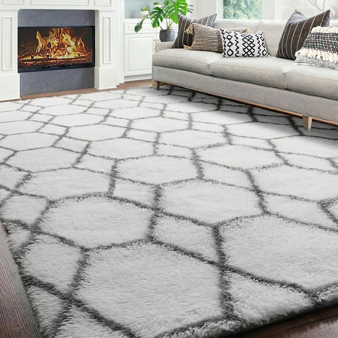 ONASAR 7x9 Area Rugs for Living Room Bedroom, Large Fluffy White and Grey Throw - Image 9