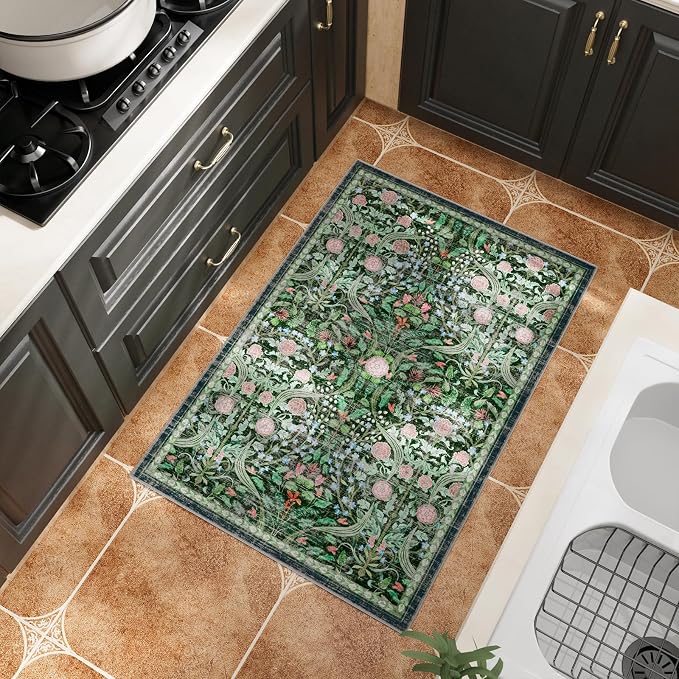 AMTOVO 2x3 Washable Entryway Area Rug Door Mat, Vintage Boho Floral Distressed - Image 5