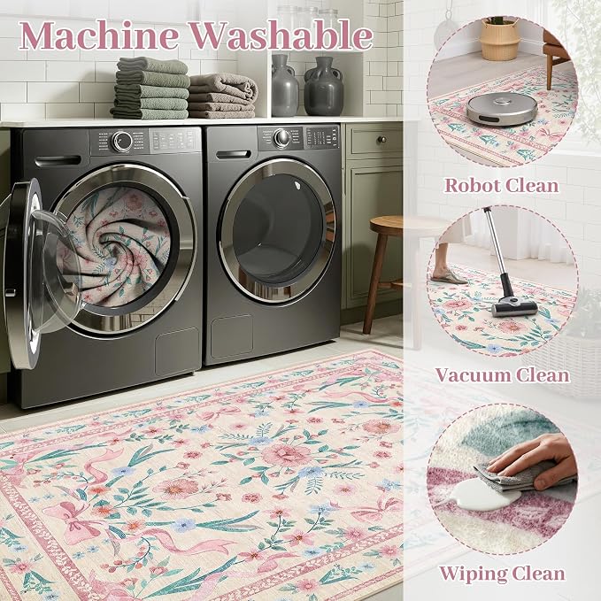 Pink Floral Bow Rug 6x9 for Living Room, Washable Non Slip Area Rug, Soft Boho - Image 5