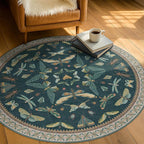 Teal Boho 4ft Round Area Rug, Washable Non Slip Insect & Floral Carpet - Image 3