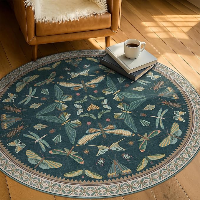 Teal Boho 4ft Round Area Rug, Washable Non Slip Insect & Floral Carpet - Image 3
