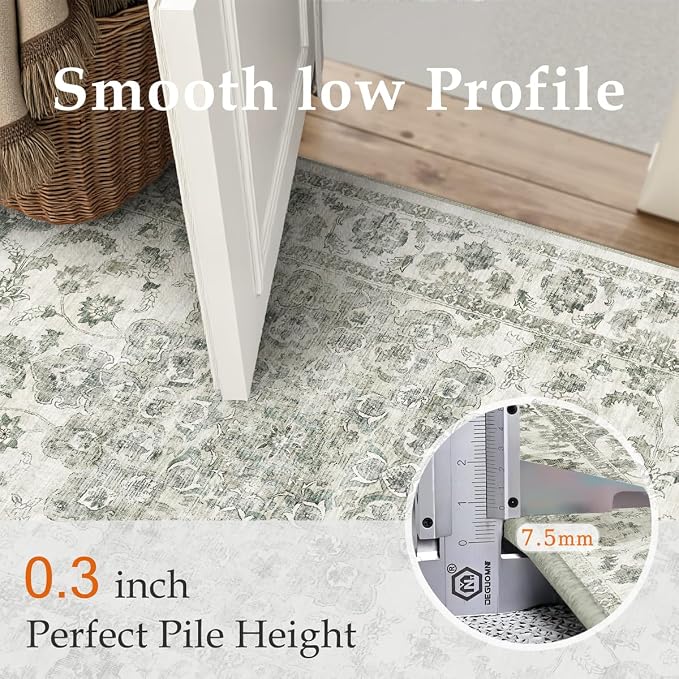 2x5 Washable Neutral Runner Rug Green Vintage Hallway Kitchen Carpet Non-Slip - Image 8