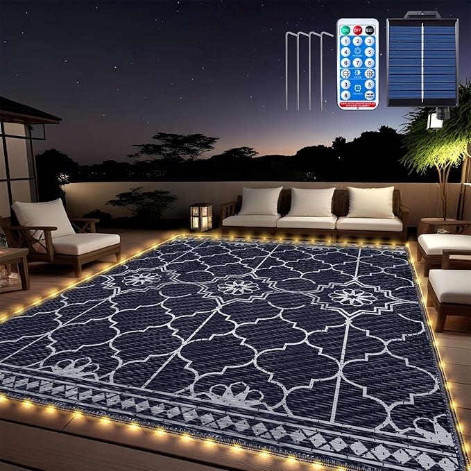 Lighted Outdoor Rug 8x10 ft, Solar Powered Patio Rug by Capybland