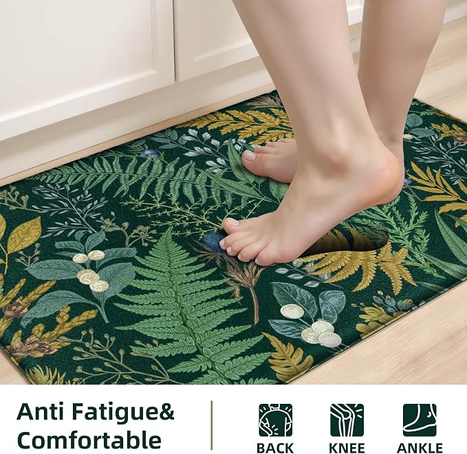 Dark Green Botanical Kitchen Rugs Set of 2 Plant Leaf Anti-Fatigue Kitchen Mat - Image 5