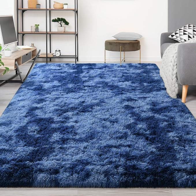 FlyDOIT Large Area Rugs for Living Room, 5x8 Feet Tie-Dyed Navy Blue Shaggy Rug - Image 9