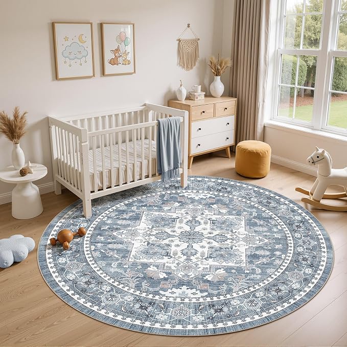 8ft Round Area Rug: Washable Vintage Neutral Soft Non Slip Thin Large Floor - Image 4