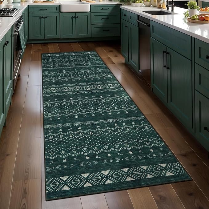 SERISSA 2x5 Kitchen Runner Rug, Washable Non-Slip Dark Green Boho Rug, Soft by SERISSAHomeDecorCollection