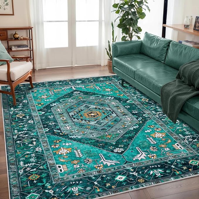 SERISSA Boho Area Rug 5x7 Teal, Washable Large Rugs by SERISSAHomeDecorCollection