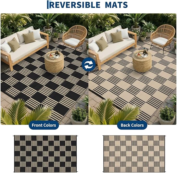 Garvee Waterproof Outdoor Rug 10x20, Checkered Foldable Plastic Straw Patio - Image 4