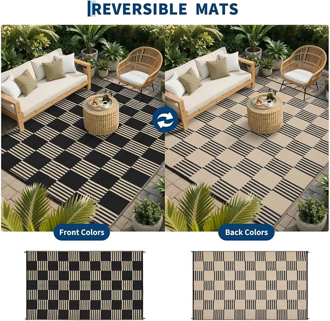 Garvee Waterproof Outdoor Rug 10x14, Checkered Foldable Plastic Straw Patio - Image 4
